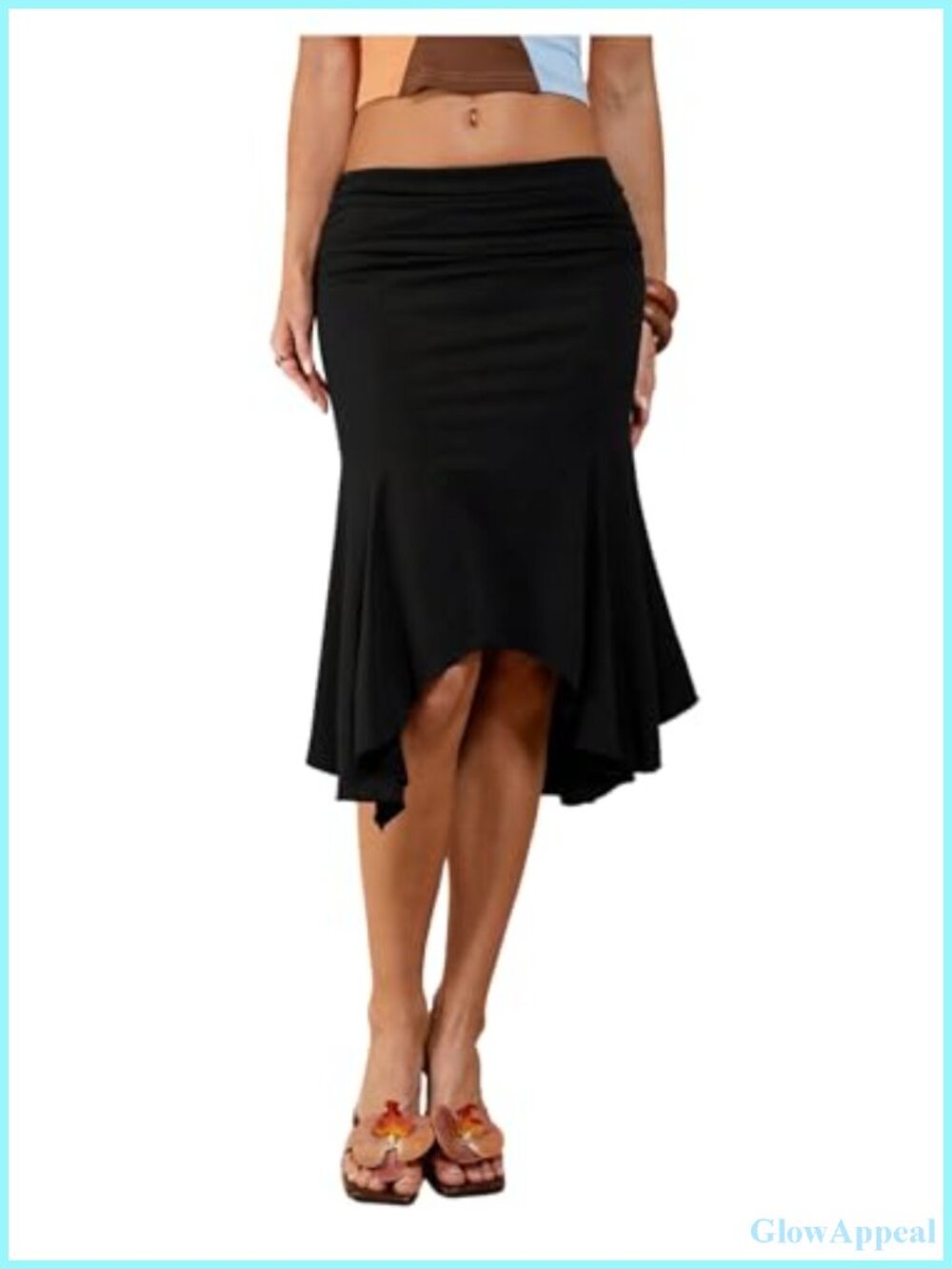 Elastic Ruched Asymmetrical Handkerchief Hem Midi Skirt